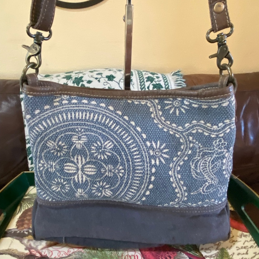Myra Bag blue denim with tapestry brown edge and handles